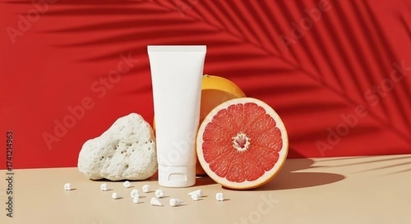 Fototapeta Minimalist Skincare Product Presentation with Citrus and Natural Elements.