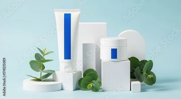 Fototapeta Minimalist Skincare Products on Display with Greenery and Geometric Shapes.
