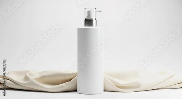 Fototapeta Minimalist Skincare - White Bottle with Dispenser on Soft Fabric.