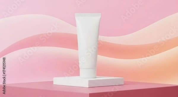 Fototapeta Minimalist Skincare - White Tube on Pink Abstract Background for Product Presentation.