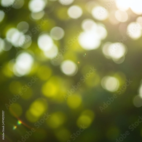 Fototapeta Soft Natural Light Bokeh Effect Through Lush Green Leaves, Warm Sunlight Glow Background