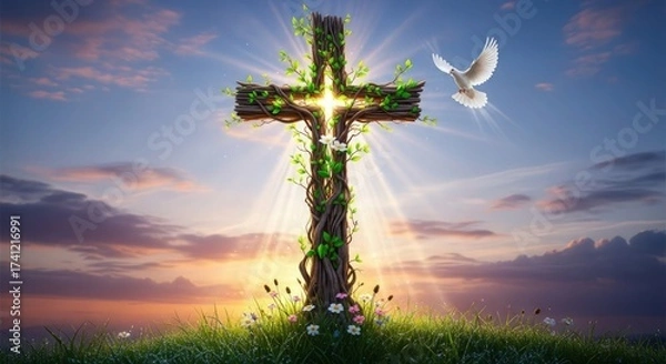 Fototapeta a divine cross glowing with spiritual energy, surrounded by a lush green meadow, with a dramatic sky of vibrant colors at sunset, a single dove soaring overhead, 8K, ethereal, mystical, cinematic
