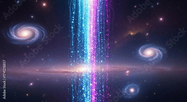 Fototapeta Cosmic Radiance: A breathtaking display of celestial phenomena, with swirling galaxies and a radiant beam of light illuminating the vastness of space.