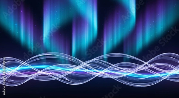 Fototapeta Dynamic Digital Spectrum: Luminous Wavy Network and Vertical Light Pillars on a Deep Backdrop, Illustrating Energy Flow or Data Transfer for Technological Concepts