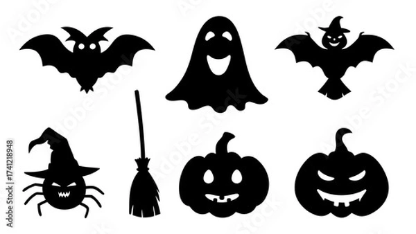 Fototapeta Set of Halloween silhouette collection elements on tranparent background