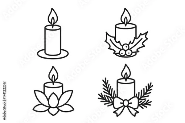 Fototapeta Vector candle line icon set. Christmas decoration with holly and pine branch. Spa, meditation, wellness symbol with lotus flower. Simple candlelight outline illustration.