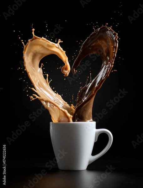 Fototapeta A white coffee cup with splashes of brown and milk forming a heart in the air — a symbol of warmth, love, and morning coziness. Against a dark background, the droplets stand out vividly, emphasizing 