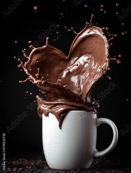 Fototapeta A white coffee cup with splashes of brown and milk forming a heart in the air — a symbol of warmth, love, and morning coziness. Against a dark background, the droplets stand out vividly, emphasizing 