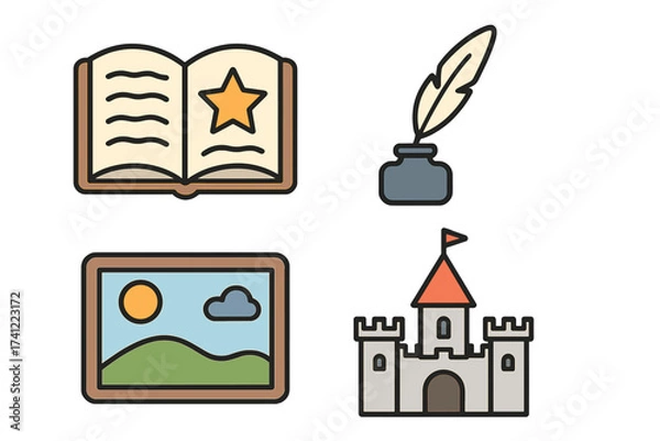 Fototapeta Fairy tale icon set vector illustration. Storybook, magic, writing, history, fantasy concepts. Open book with star, quill pen, inkwell, landscape picture, and fantasy castle icons.