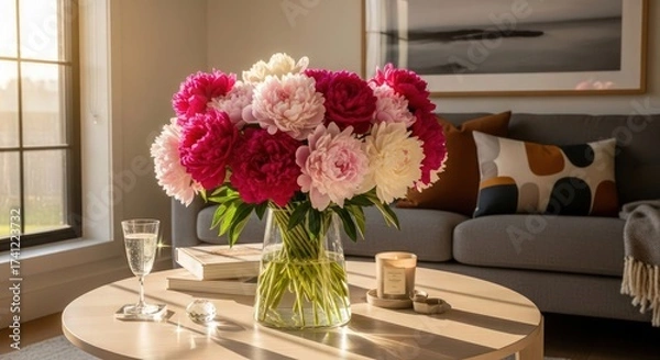 Obraz a vase of vibrant red and white carnations on a coffee table, cozy living room with warm lighting, soft focus, detailed, photorealistic
