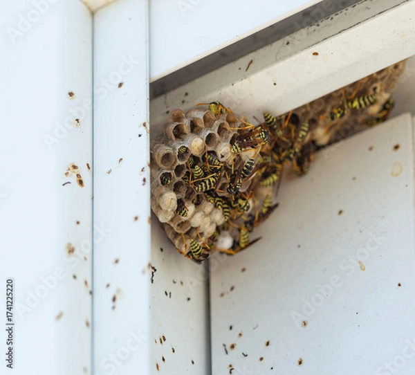 Fototapeta Wasps hornets build their nest on a window frame close up