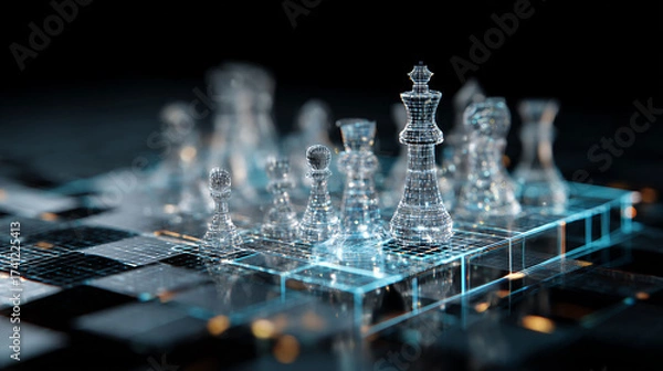 Obraz Digital holographic chessboard floating in mid-air, symbol of futuristic business strategy and innovation.