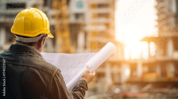 Obraz Engineer wearing yellow safety helmet checking construction blueprints at building site with sunlight background.