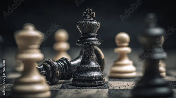 Obraz Fallen chess king surrounded by pawns, symbol of leadership failure and business risk.