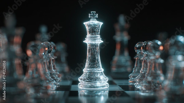 Obraz Glowing holographic chess king standing tall among pawns on futuristic digital board, concept of leadership in technology.