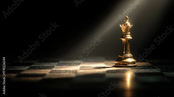 Obraz Glowing holographic chess king standing tall among pawns on futuristic digital board, concept of leadership in technology.