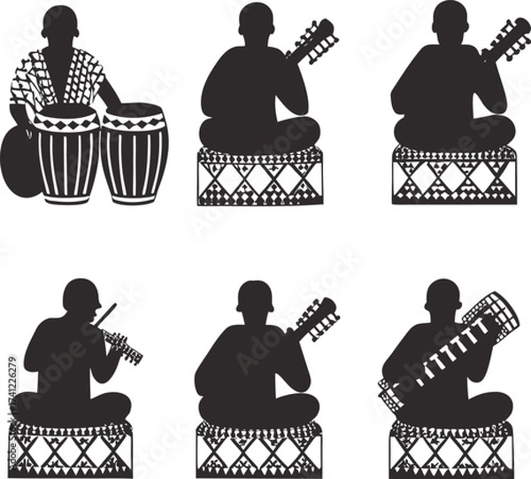 Fototapeta Six silhouettes of musicians playing instruments vector