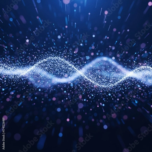 Fototapeta Dynamic Luminous Wave: Abstract blue particles undulate in a digital current, evoking science, technology, data, and cosmic exploration. Ideal for futuristic backgrounds.