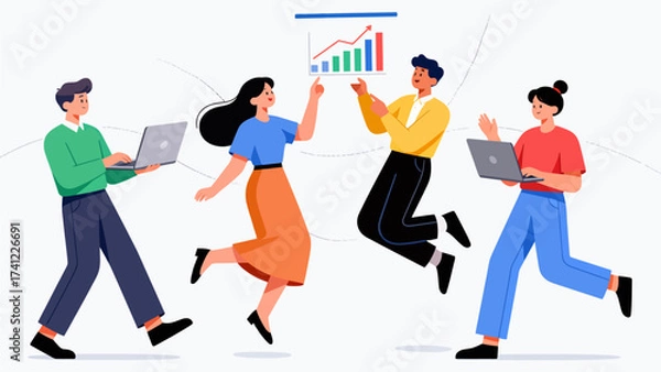 Fototapeta Team celebrating business growth with laptops and chart