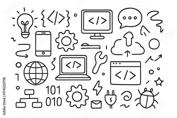 Fototapeta Hand drawn technology icons set. Coding and programming doodle symbols for web design. Software development vector sketch. Cartoon tech elements for UI, UX, and app development.