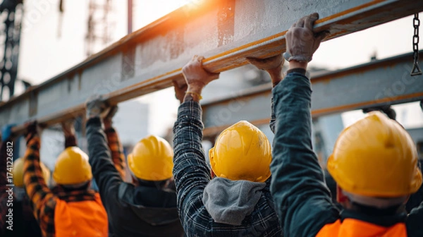 Obraz Group of workers in helmets lifting steel beams at construction site, teamwork and safety concept.