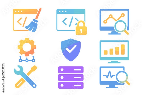 Fototapeta Modern SEO and development icon set. Gradient flat icons for web and mobile apps. Concepts of clean code, data protection, security, server, monitoring, and analytics.