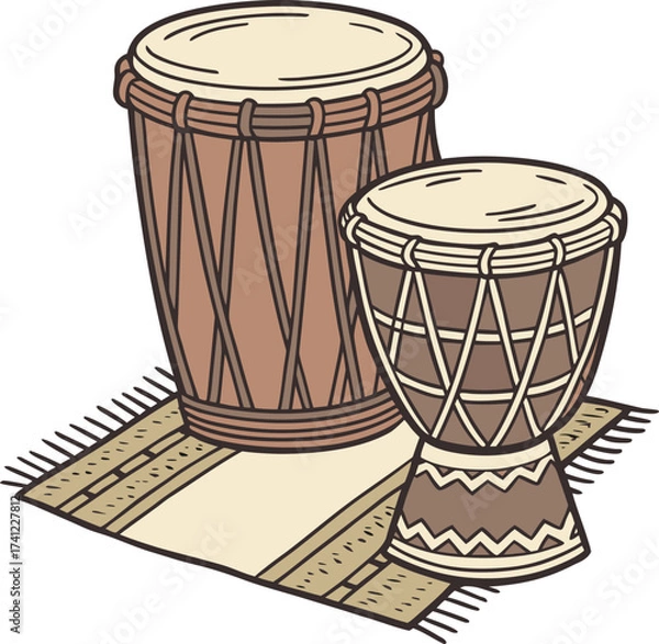 Fototapeta Two hand drawn djembe drums on a patterned rug percussion