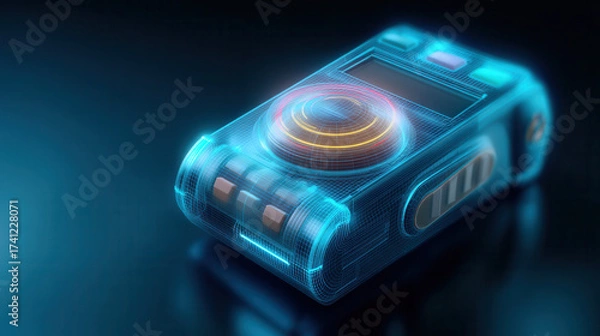 Fototapeta Futuristic digital device with glowing neon blue wireframe and circular interface on dark background, technology concept