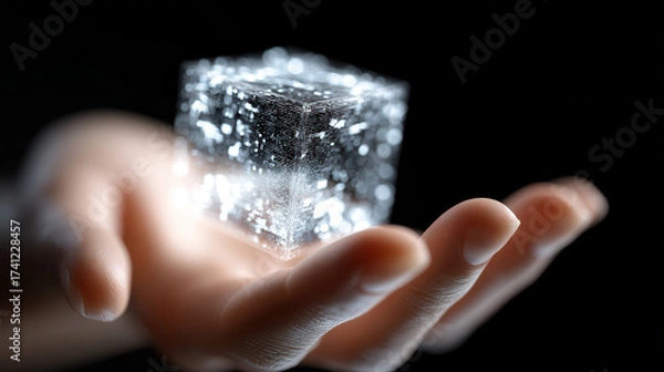 Fototapeta Futuristic digital cube glowing with light held in hand symbolizing technology and innovation