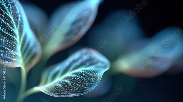 Fototapeta Futuristic glowing leaf with digital dots and holographic effect in dark background, eco technology concept