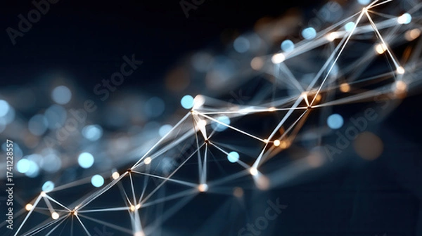 Fototapeta Futuristic glowing network with interconnected points and lines creating dynamic digital web in dark space