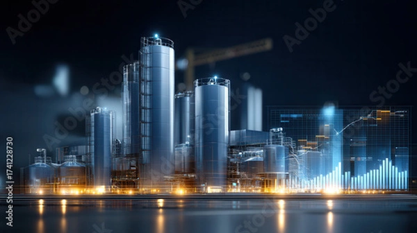 Fototapeta Futuristic industrial plant with glowing investment dashboards and data charts at night, showing advanced technology and growth