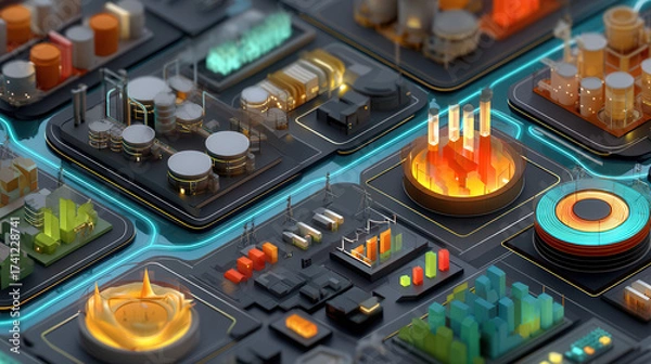 Fototapeta Futuristic industrial complex with glowing data charts and colorful factory models showing investment growth and technology