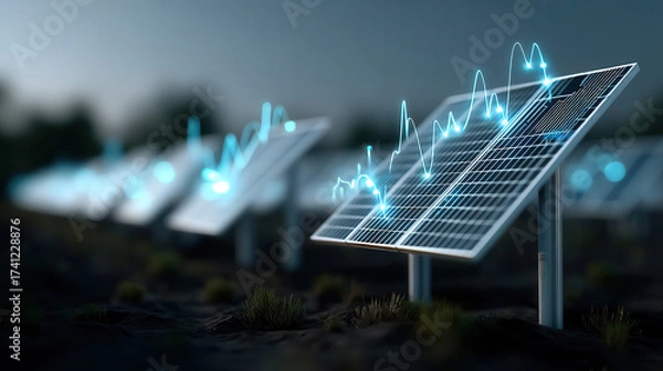 Fototapeta Futuristic solar panel with glowing holographic energy graph in field at dusk, symbolizing clean energy investment growth