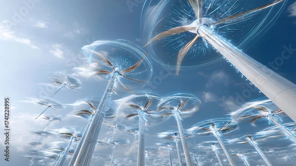 Fototapeta Futuristic wind turbines floating in sky generating clean energy with transparent blades and bright blue sky background
