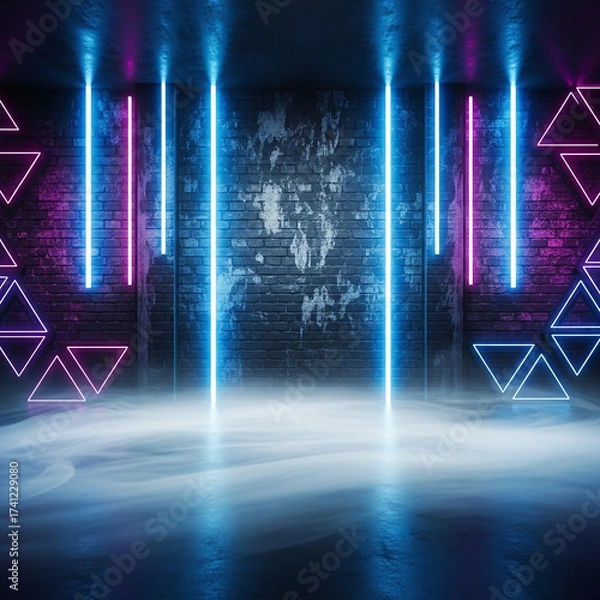 Fototapeta Futuristic Cyber Stage with Glowing Neon Lights and Abstract Geometric Patterns