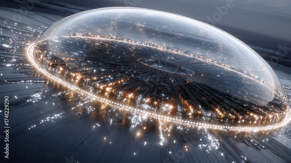 Fototapeta Futuristic glowing dome protecting mega city with bright lights and intricate network under dark sky