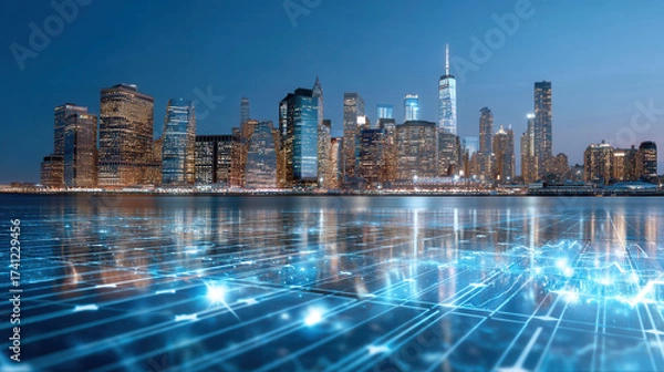 Fototapeta Hyper realistic city skyline at dusk with glowing digital grid overlay reflecting on water, futuristic urban technology concept