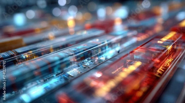 Fototapeta Hyper realistic futuristic eco supply chain glowing with vibrant blue and orange light in digital abstract scene