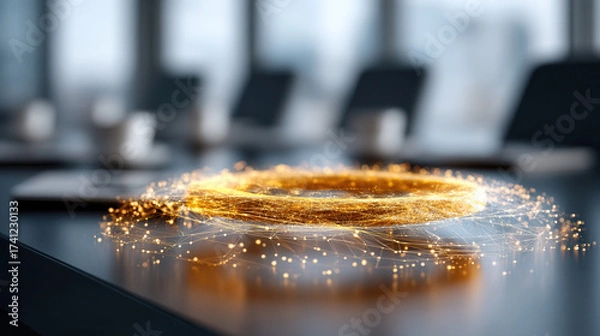 Fototapeta Hyper realistic predictive analytics hologram glowing above modern office table with blurred chairs background creating