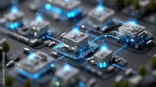 Fototapeta Smart city network with glowing blue digital connections linking modern buildings in futuristic urban environment