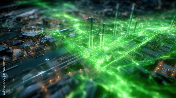Fototapeta Futuristic cityscape with glowing green digital network overlay and illuminated buildings night, showing advanced technology