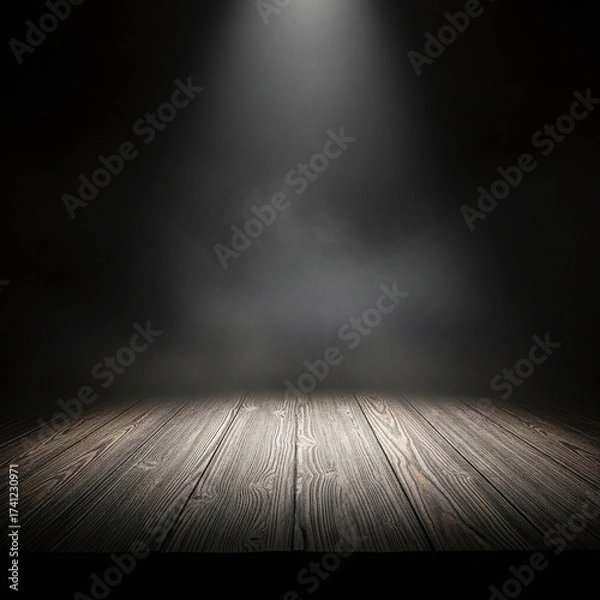 Fototapeta Dramatic Stage Spotlight Illuminating Textured Wooden Floor. Bright Light Beam on Empty Dark Background with Dust and Haze. Concept for Performance, Presentation, or Theatrical Display.