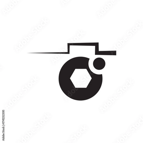 Fototapeta Camera tech emblem. Modern camera emblem with gear like shutter, photography, tech logo.