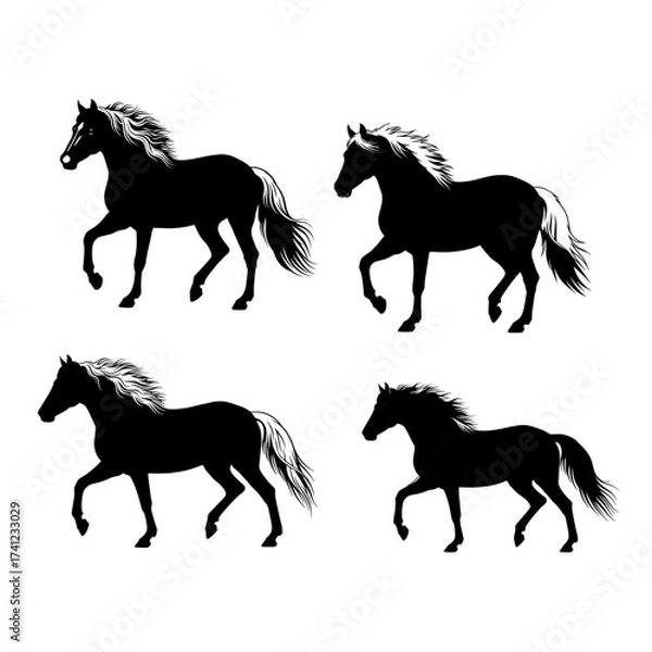 Fototapeta Horse Silhouette Collection: A stunning set of four monochrome horse silhouettes, capturing the graceful movement and elegance of the equine form, ideal for design elements and artistic projects.