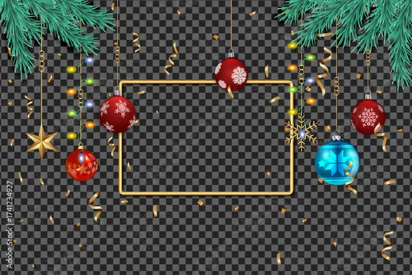 Fototapeta Golden frame surrounds colorful Christmas ornaments, hanging lights, and confetti on transparent background