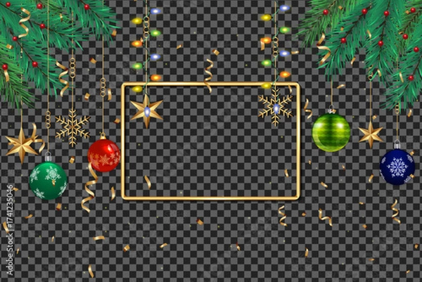 Fototapeta Colorful Christmas ornaments and golden decorations frame a transparent background for holiday projects