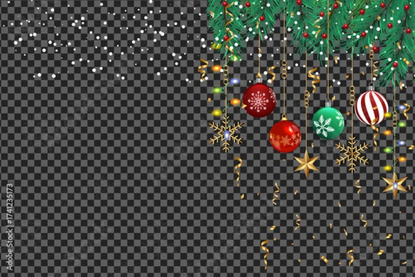 Fototapeta Evergreen boughs adorned with bright baubles and snowfall cascade down against the transparent background