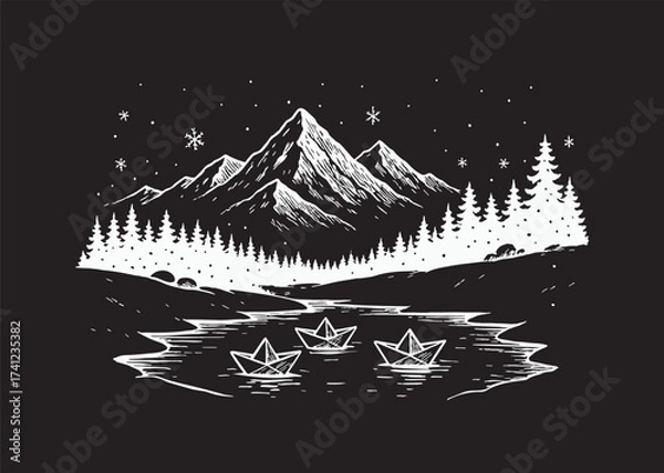 Fototapeta Landscape sketch with mountains and forest line vector black and white drawing