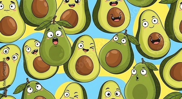 Fototapeta Delightful avocado cartoon pattern with vibrant expressions perfect for fun food-themed designs and cheerful backgrounds